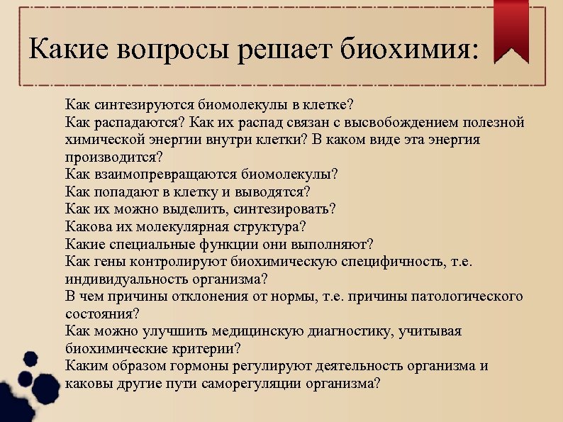 Какие вопросы решает биохимия: Как синтезируются биомолекулы в клетке? Как распадаются? Как их распад