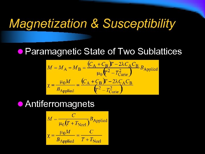 Magnetization & Susceptibility l Paramagnetic State of Two Sublattices l Antiferromagnets 