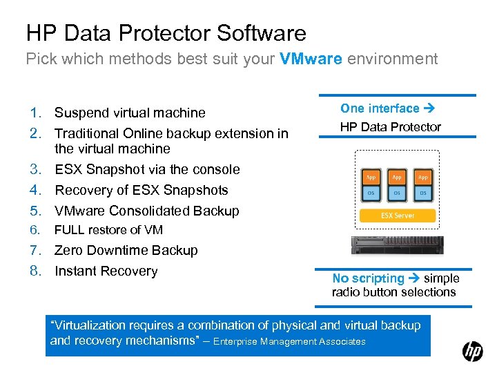 HP Data Protector Software Pick which methods best suit your VMware environment 1. Suspend