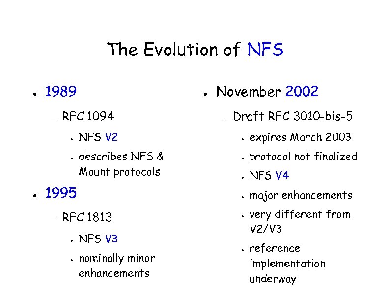 The Evolution of NFS ● 1989 – RFC 1094 ● ● NFS V 2