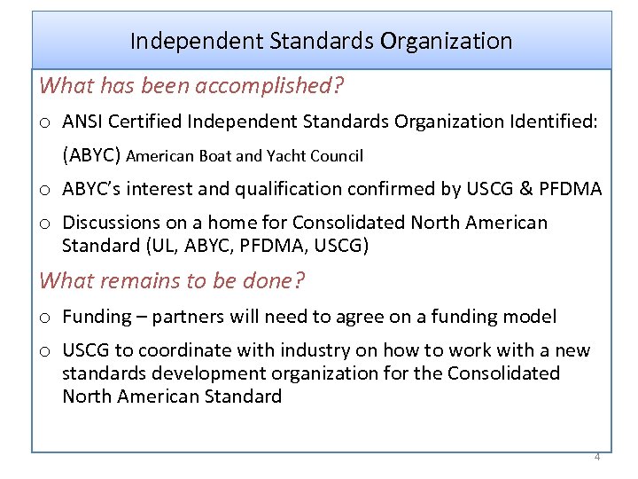 Independent Standards Organization What has been accomplished? o ANSI Certified Independent Standards Organization Identified:
