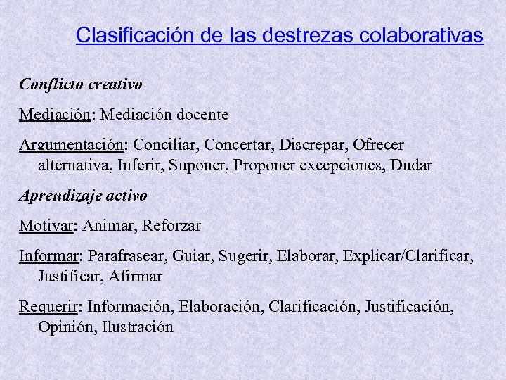 Clasificación de las destrezas colaborativas Conflicto creativo Mediación: Mediación docente Argumentación: Conciliar, Concertar, Discrepar,