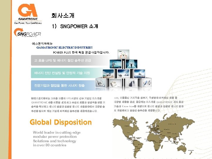 회사소개 1) SNGPOWER 소개 에스앤지파워는 GAMATRONIC ELECTRIC INDUSTRIES POWER PLUS 한국 독점 공급사업자입니다. ㈜에스앤지파워는