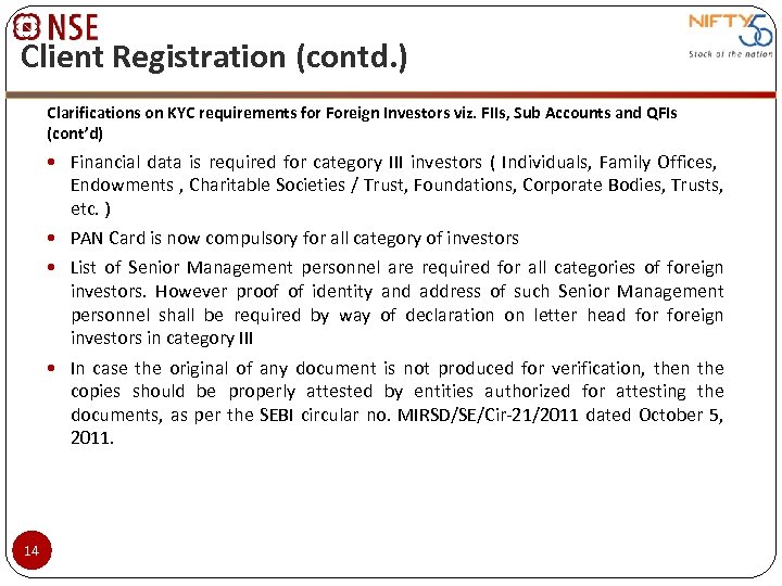 Client Registration (contd. ) Clarifications on KYC requirements for Foreign Investors viz. FIIs, Sub