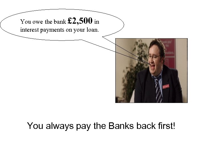 You owe the bank £ 2, 500 in interest payments on your loan. You