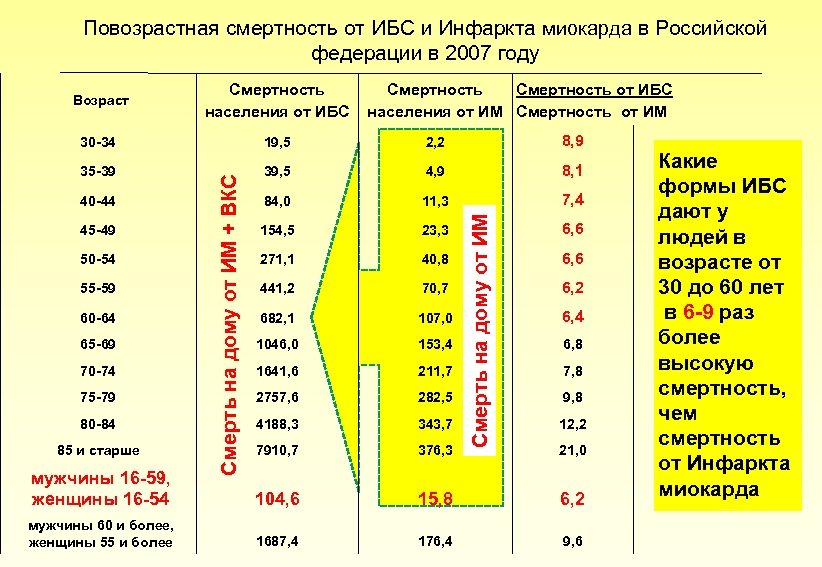 Повозрастная смертность от ИБС и Инфаркта миокарда в Российской федерации в 2007 году 30