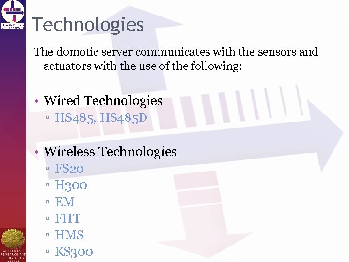 Technologies The domotic server communicates with the sensors and actuators with the use of