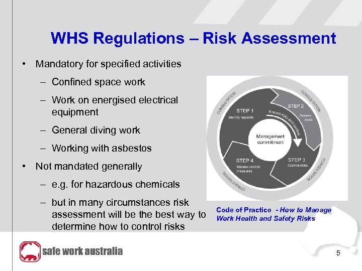 WHS Regulations – Risk Assessment • Mandatory for specified activities – Confined space work