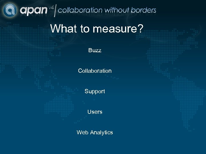 What to measure? Buzz Collaboration Support Users Web Analytics 