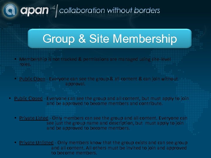 Group & Site Membership • Membership is not tracked & permissions are managed using