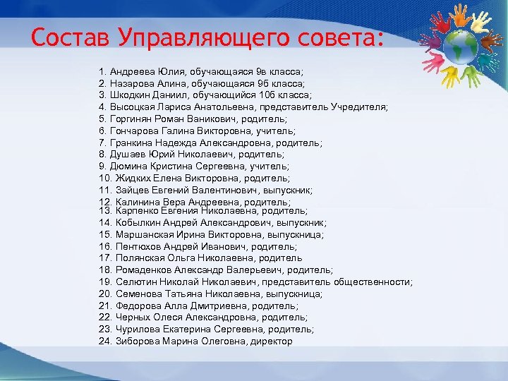 Состав Управляющего совета: 1. Андреева Юлия, обучающаяся 9 в класса; 2. Назарова Алина, обучающаяся