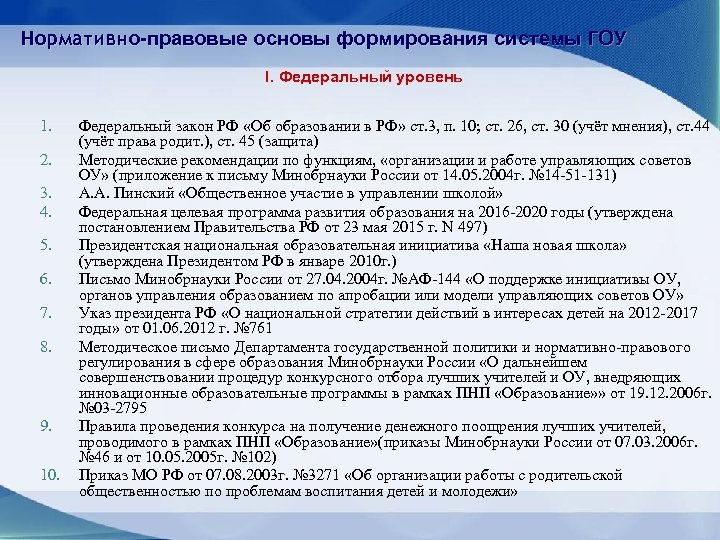 Нормативно-правовые основы формирования системы ГОУ I. Федеральный уровень 1. 2. 3. 4. 5. 6.