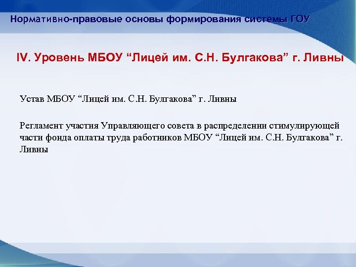 Нормативно-правовые основы формирования системы ГОУ IV. Уровень МБОУ “Лицей им. С. Н. Булгакова” г.