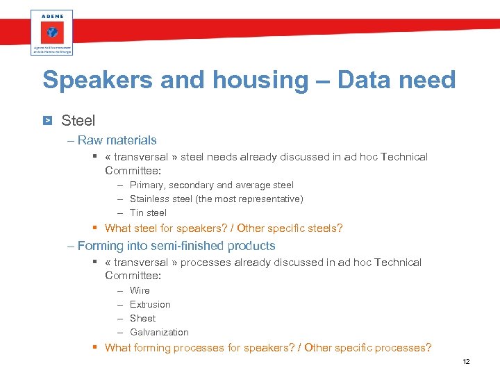 Speakers and housing – Data need Steel – Raw materials § « transversal »