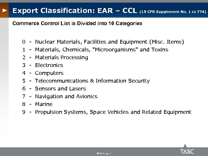 Export Classification: EAR – CCL (15 CFR Supplement No. 1 to 774) Commerce Control