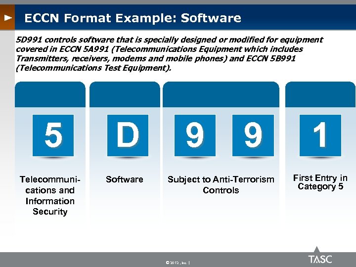 ECCN Format Example: Software 5 D 991 controls software that is specially designed or