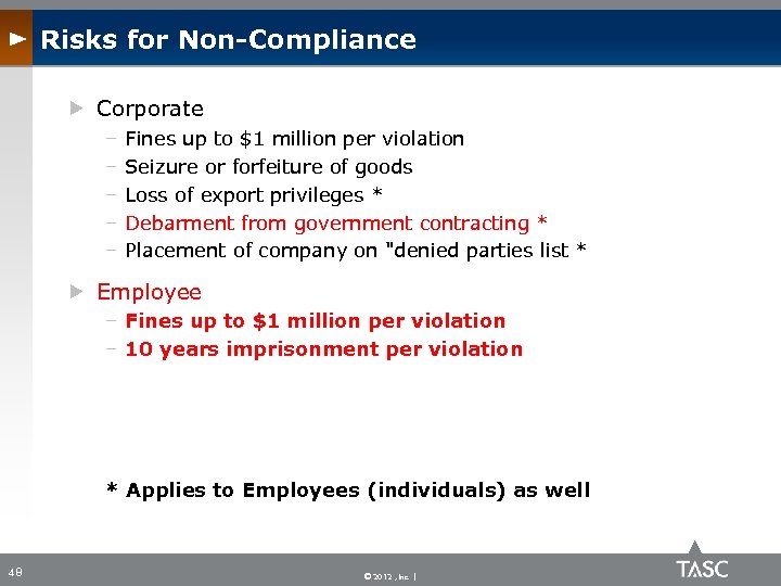 Risks for Non-Compliance Corporate – – – Fines up to $1 million per violation