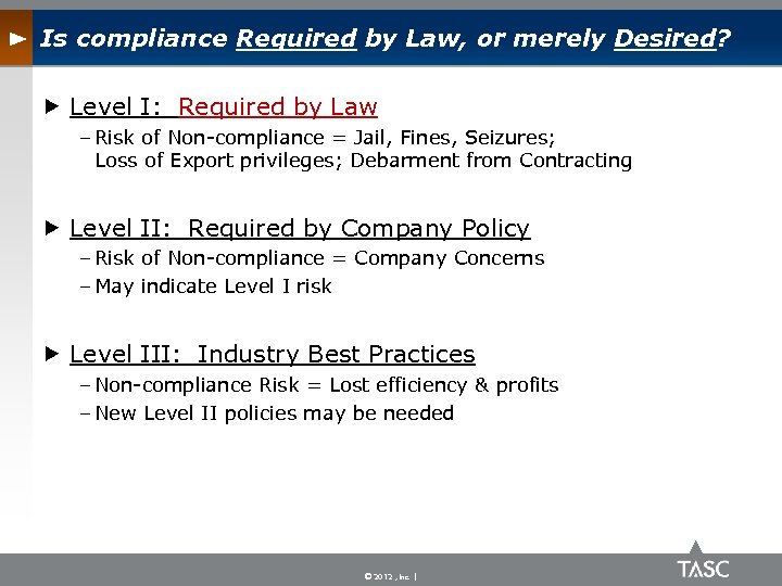 Is compliance Required by Law, or merely Desired? Level I: Required by Law –