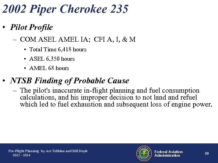 2002 Piper Cherokee 235 • Pilot Profile – COM ASEL AMEL IA; CFI A,