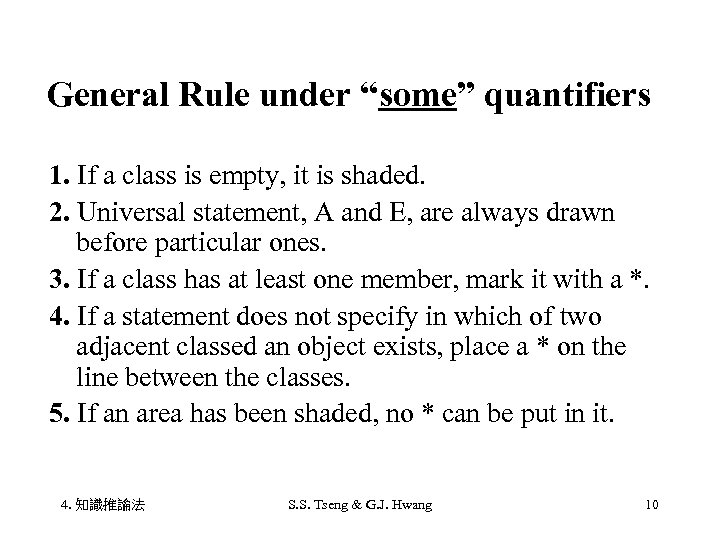 General Rule under “some” quantifiers 1. If a class is empty, it is shaded.