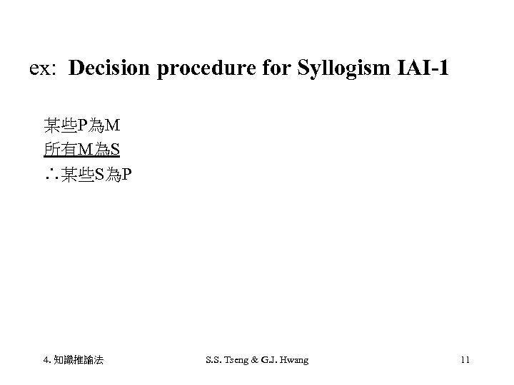 ex: Decision procedure for Syllogism IAI-1 某些P為M 所有M為S ∴某些S為P 4. 知識推論法 S. S. Tseng