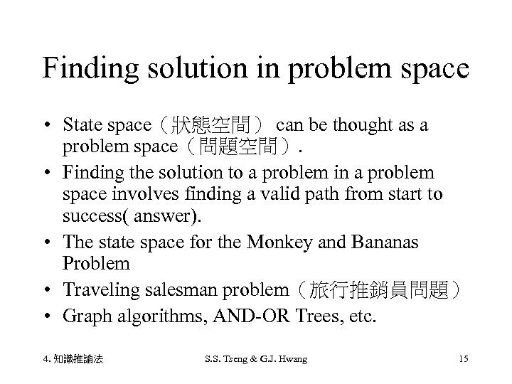 Finding solution in problem space • State space（狀態空間） can be thought as a problem