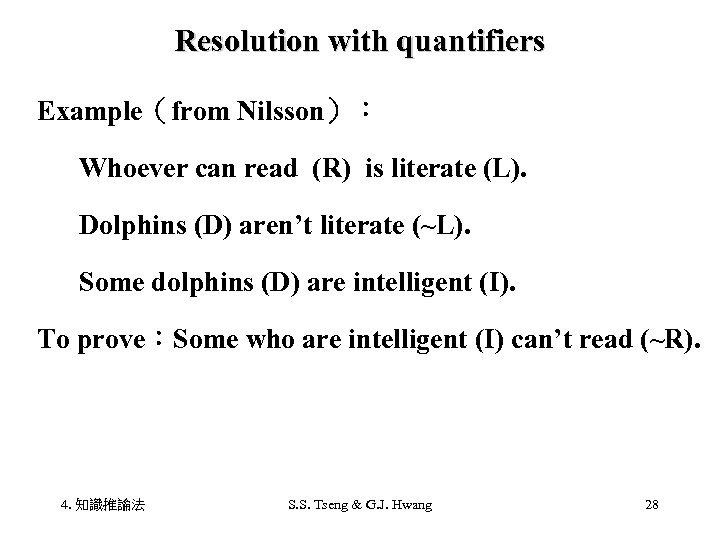 Resolution with quantifiers Example（from Nilsson）： Whoever can read (R) is literate (L). Dolphins (D)