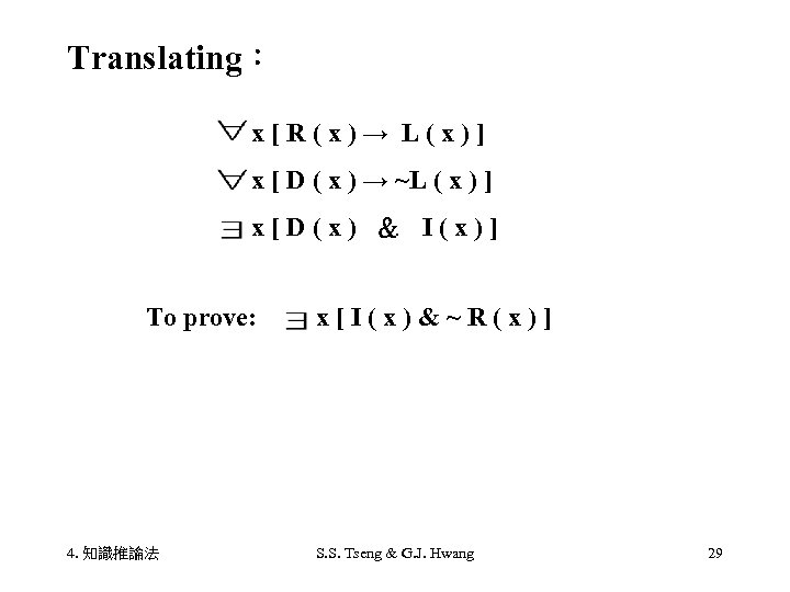 Translating： x[R(x)→ L(x)] x [ D ( x ) → ~L ( x )