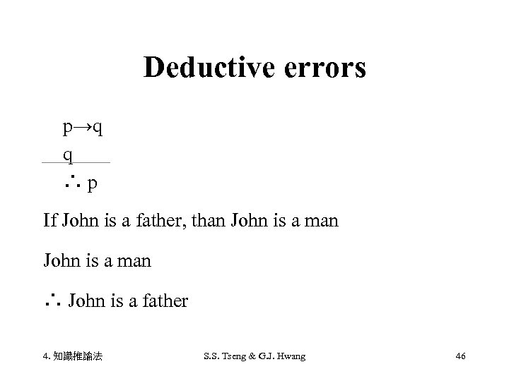 Deductive errors 　p→q 　q 　∴ p If John is a father, than John is