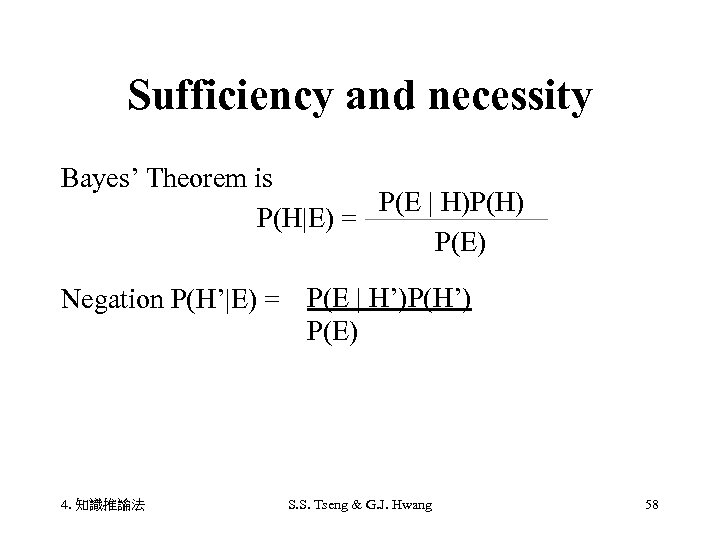 Sufficiency and necessity Bayes’ Theorem is P(E | H)P(H) 　　　　　　　P(H|E) = P(E) Negation P(H’|E)
