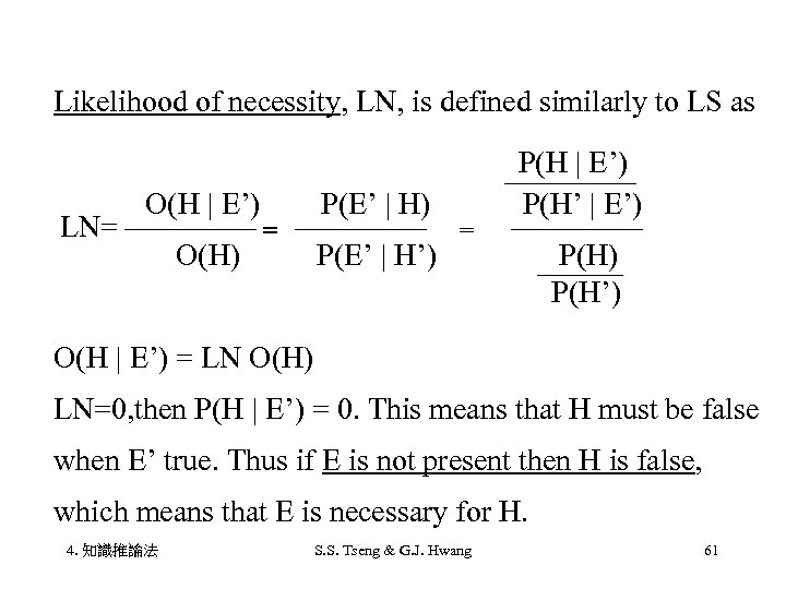 Likelihood of necessity, LN, is defined similarly to LS as P(H | E’) 　　　O(H