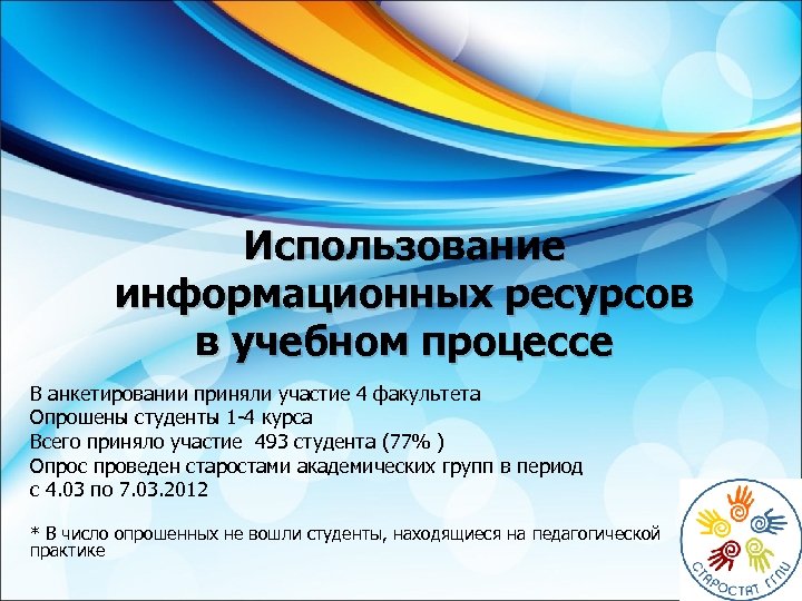 Использование информационных ресурсов в учебном процессе В анкетировании приняли участие 4 факультета Опрошены студенты