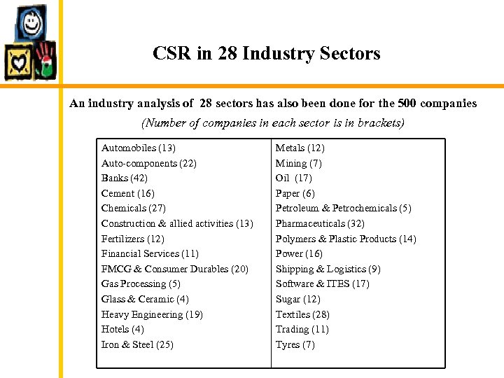 CSR in 28 Industry Sectors An industry analysis of 28 sectors has also been