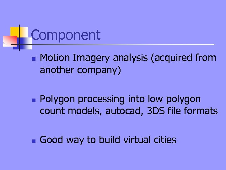 Component n n n Motion Imagery analysis (acquired from another company) Polygon processing into