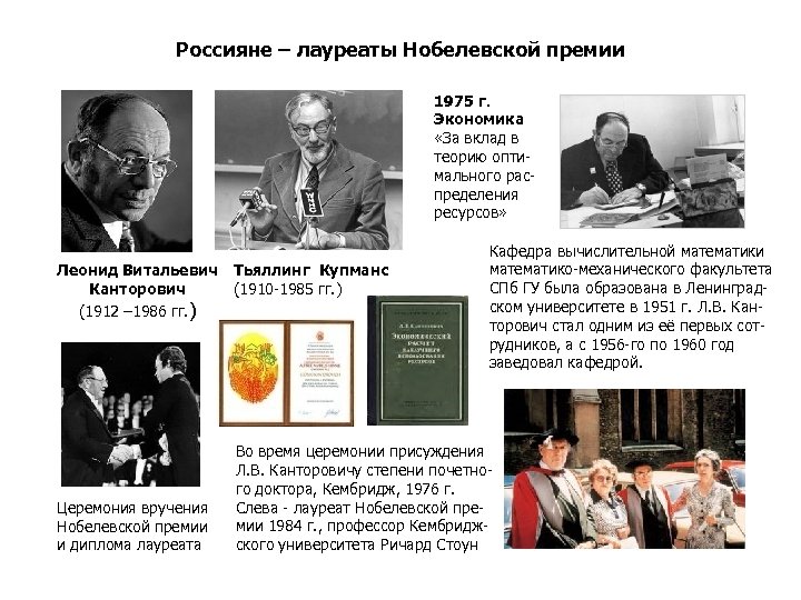 Россияне – лауреаты Нобелевской премии 1975 г. Экономика «За вклад в теорию оптимального распределения