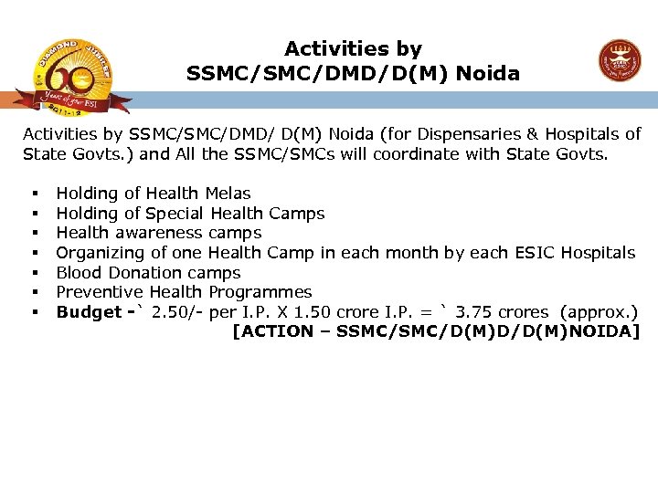 Activities by SSMC/DMD/D(M) Noida Activities by SSMC/DMD/ D(M) Noida (for Dispensaries & Hospitals of