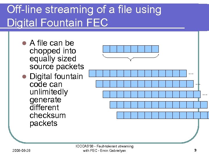 Off-line streaming of a file using Digital Fountain FEC A file can be chopped