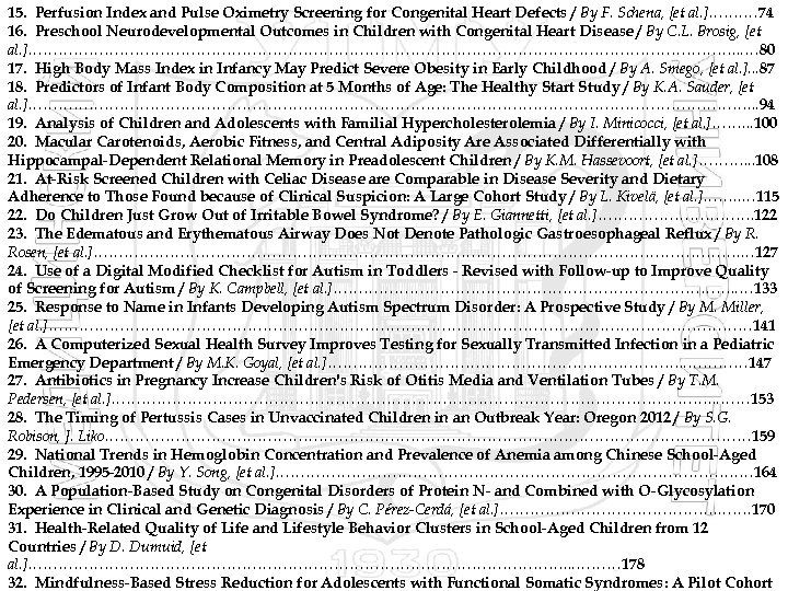 15. Perfusion Index and Pulse Oximetry Screening for Congenital Heart Defects / By F.