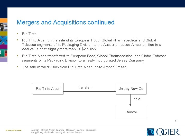 Mergers and Acquisitions continued • Rio Tinto Alcan on the sale of its European