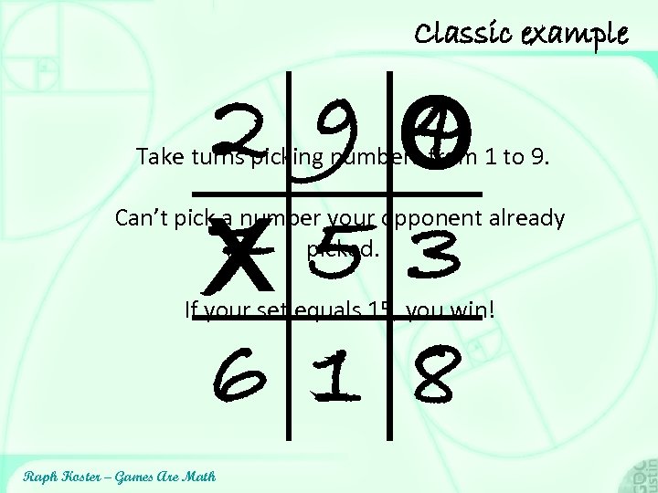 Classic example 2 9 O 4 7 5 3 X 6 1 8 Take