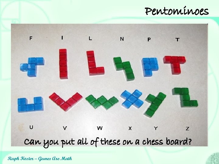 Pentominoes Can you put all of these on a chess board? Raph Koster –