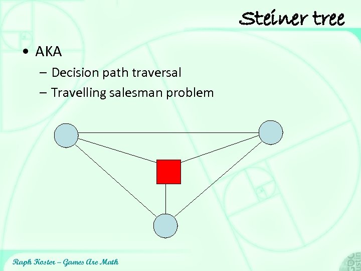 Steiner tree • AKA – Decision path traversal – Travelling salesman problem Raph Koster