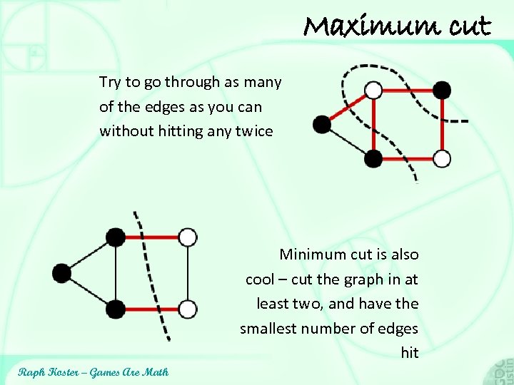 Maximum cut Try to go through as many of the edges as you can