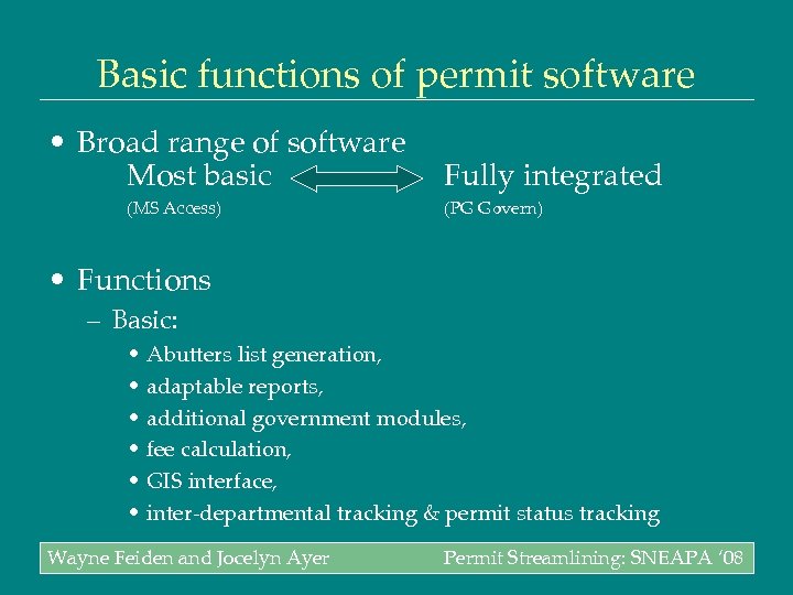 Basic functions of permit software • Broad range of software Most basic (MS Access)