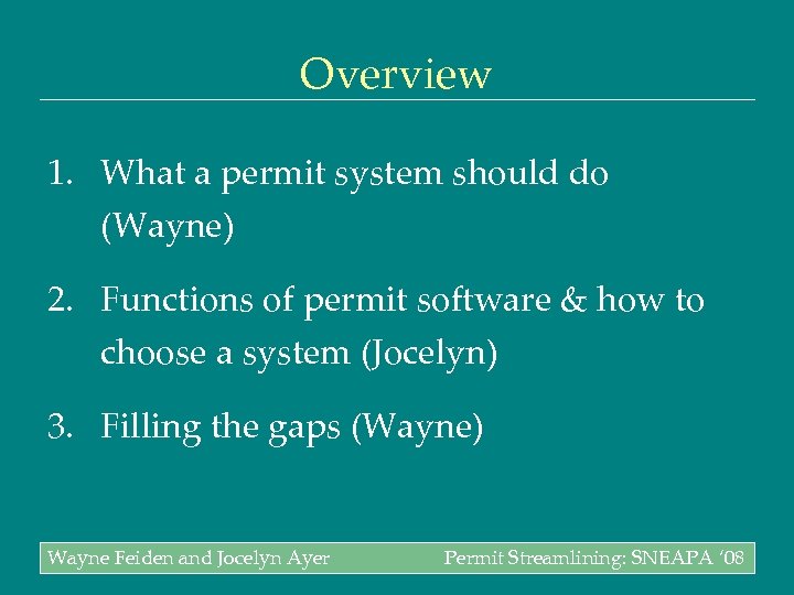 Overview 1. What a permit system should do (Wayne) 2. Functions of permit software