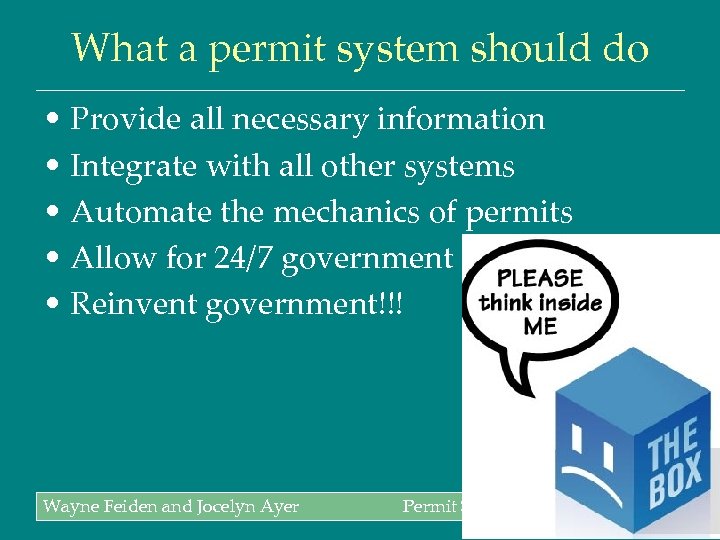 What a permit system should do • Provide all necessary information • Integrate with