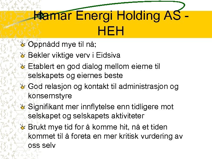 Hamar Energi Holding AS HEH Oppnådd mye til nå; Bekler viktige verv i Eidsiva