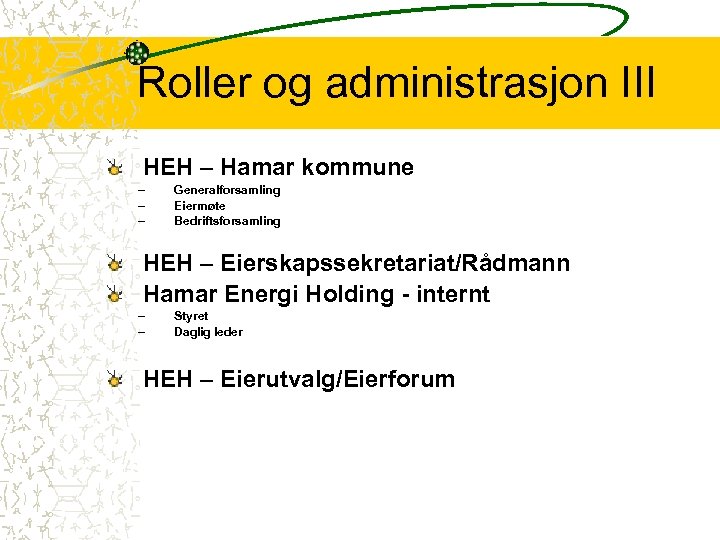 Roller og administrasjon III HEH – Hamar kommune – – – Generalforsamling Eiermøte Bedriftsforsamling