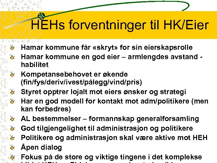 HEHs forventninger til HK/Eier Hamar kommune får «skryt» for sin eierskapsrolle Hamar kommune en