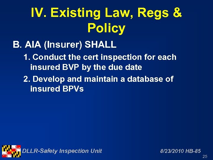 IV. Existing Law, Regs & Policy B. AIA (Insurer) SHALL 1. Conduct the cert